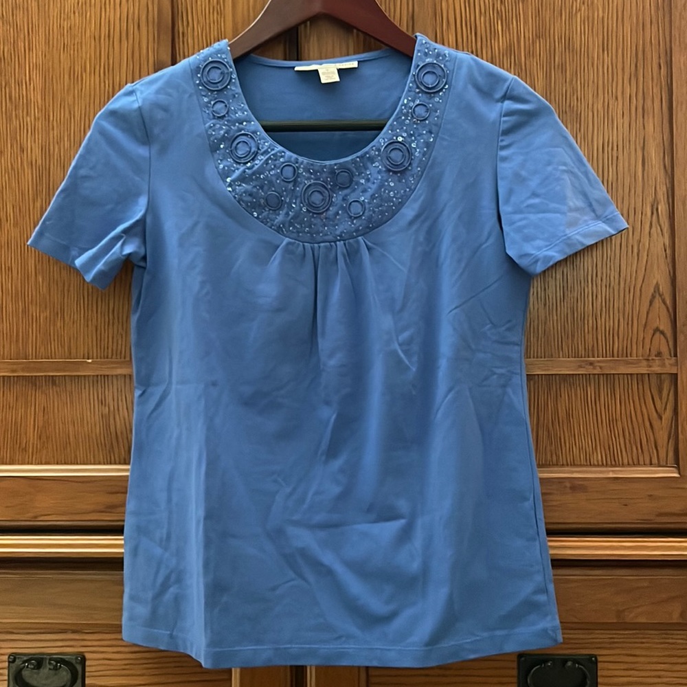 JM Collection Petite Short Sleeve Round Beaded Neck Cotton Blend Tee Top Office